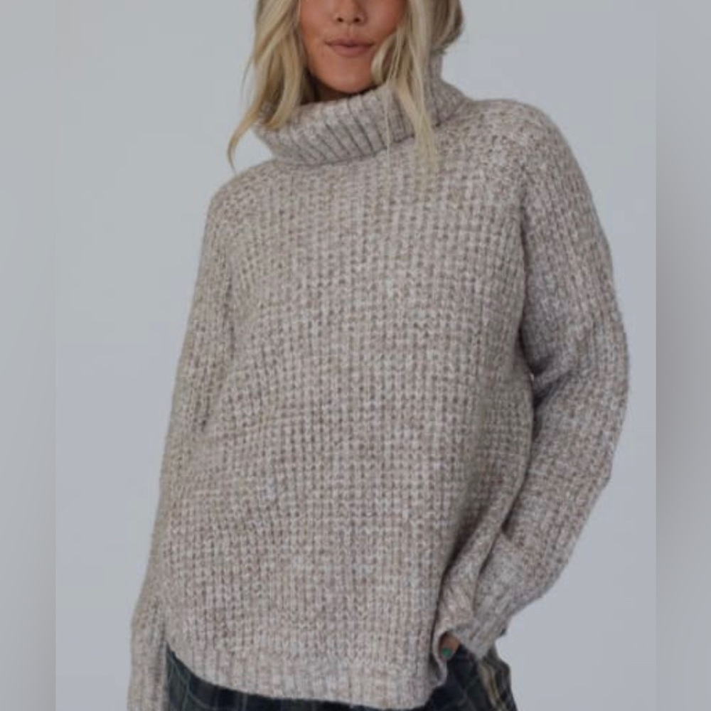Chunky Tan Cowl Neck Sweater with Relaxed Fit and Ribbed Knit